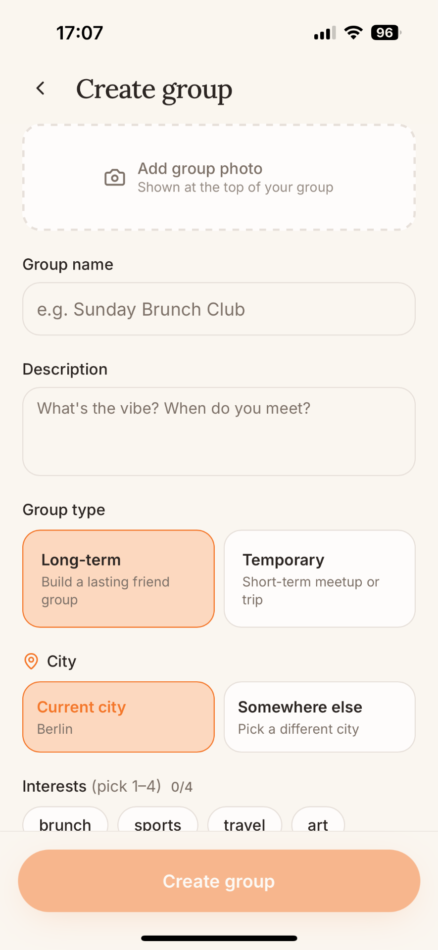 Create a new group screen